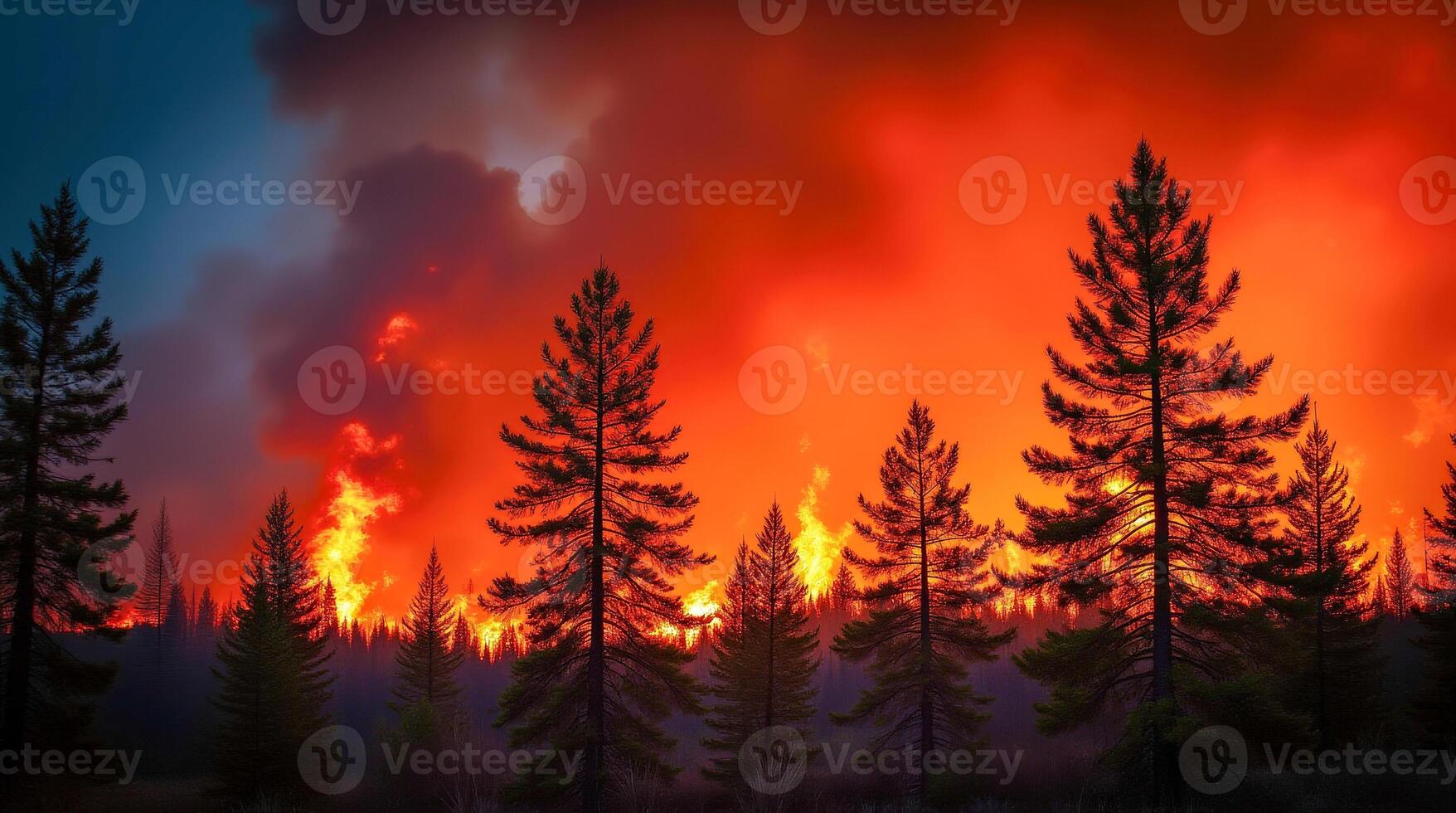 Towering Flames Engulf the Forest as Wildfire Spreads Through Dry Underbrush at Dusk photo