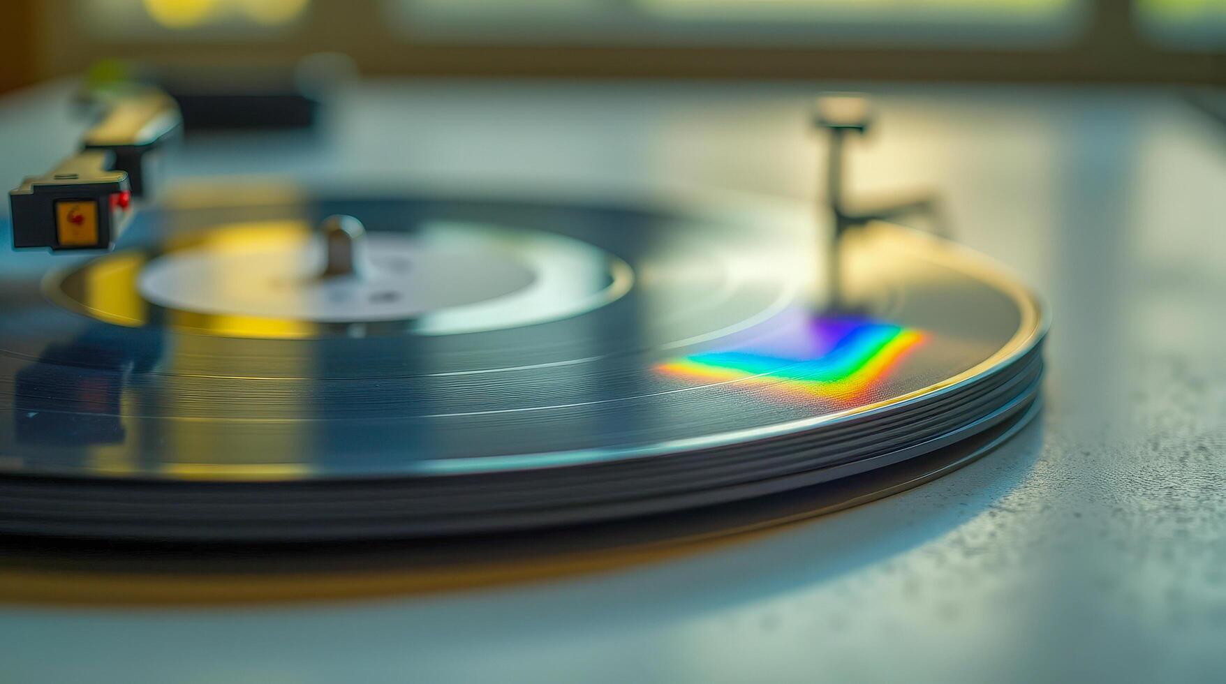 Vinyl Record Spinning on Turntable Reflecting Colorful Light in Cozy Indoor Setting photo