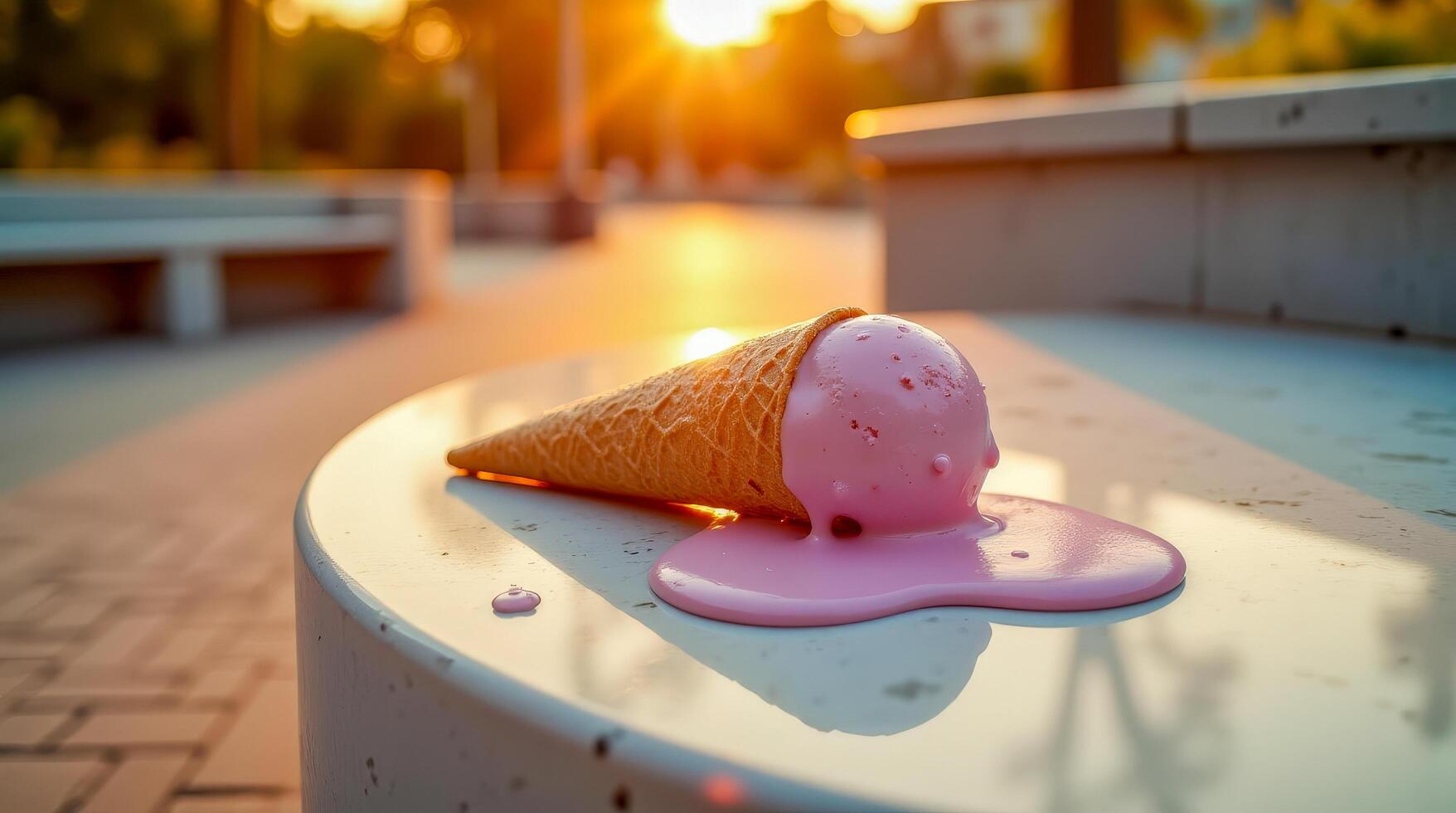 Melting Pink Ice Cream Cone on a Sunny Day in a Park During Sunset photo
