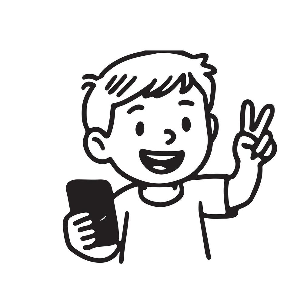 A cartoon boy holding a cell phone and making a peace sign vector
