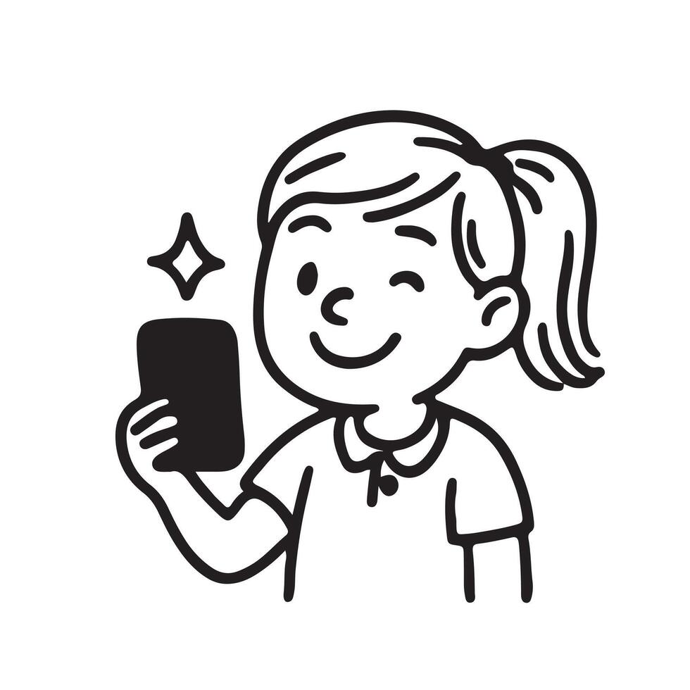 A girl holding a phone and smiling vector