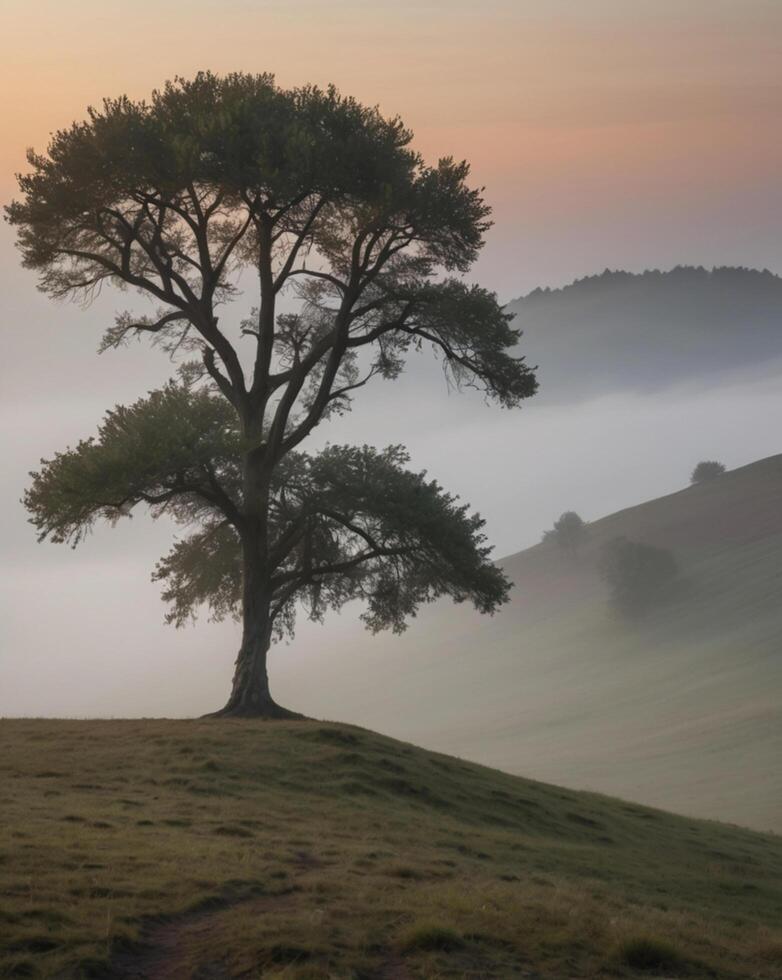 A lone tree stands on a hill in the fog photo
