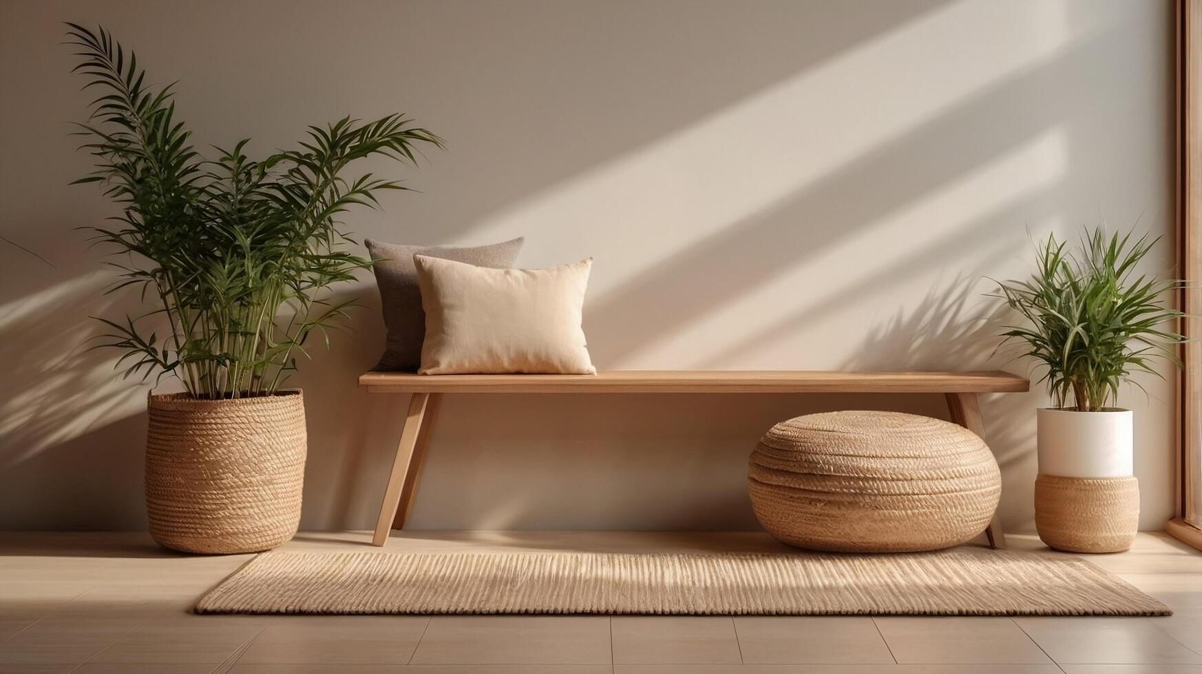 A wooden bench and two potted plants in front of a window photo