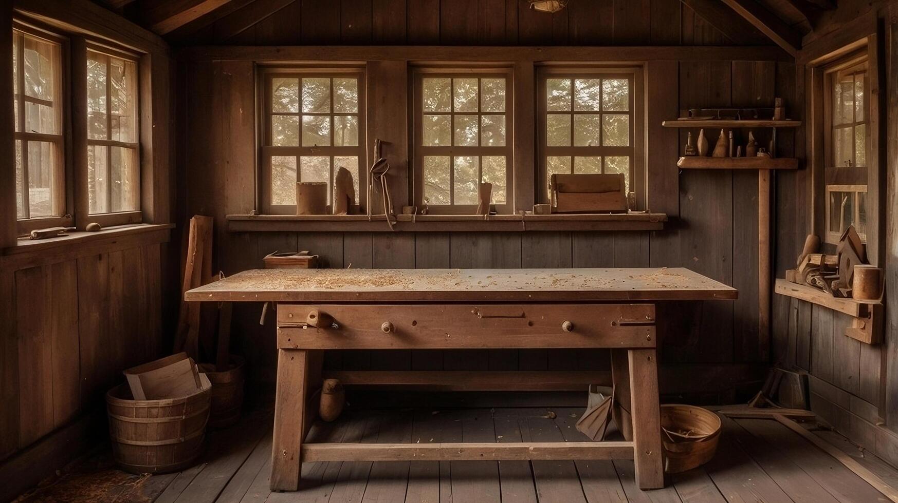 A woodworking shop with a table and a window photo