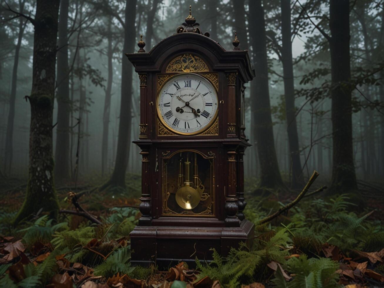 An old clock in the middle of a forest photo