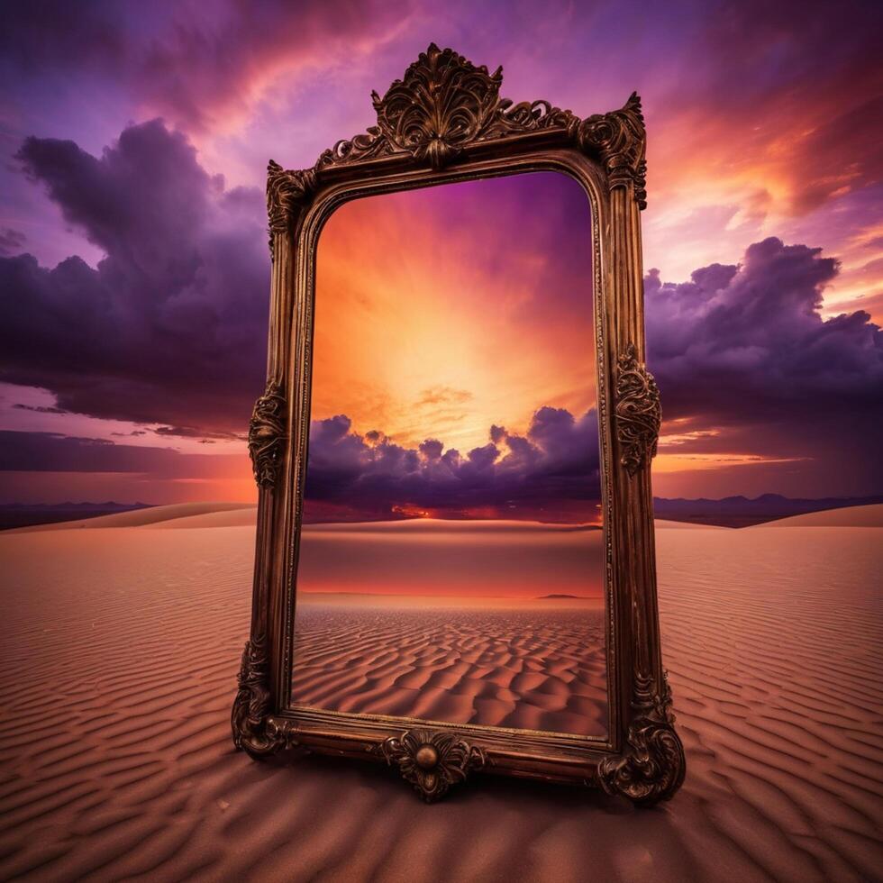 A mirror in the desert with a sunset in the background photo