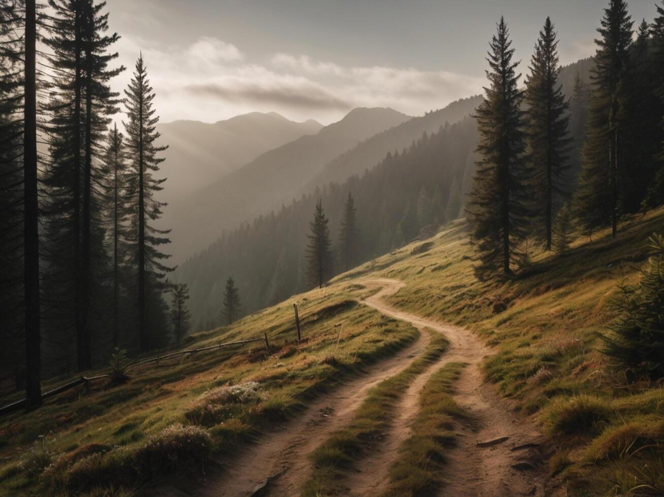 A dirt road in the mountains with trees and grass photo