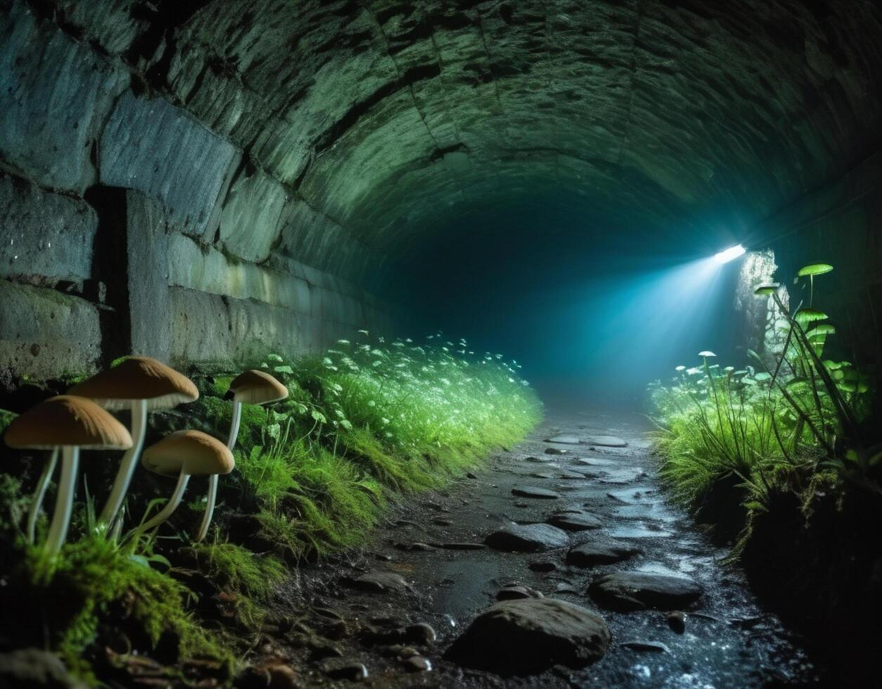 A tunnel with mushrooms and grass in it photo