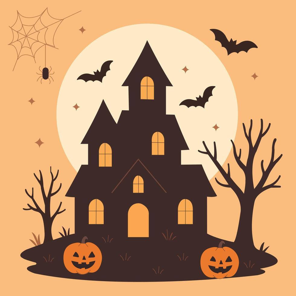 Spooky Halloween Haunted House with Bats and Pumpkins, Happy Halloween. vector