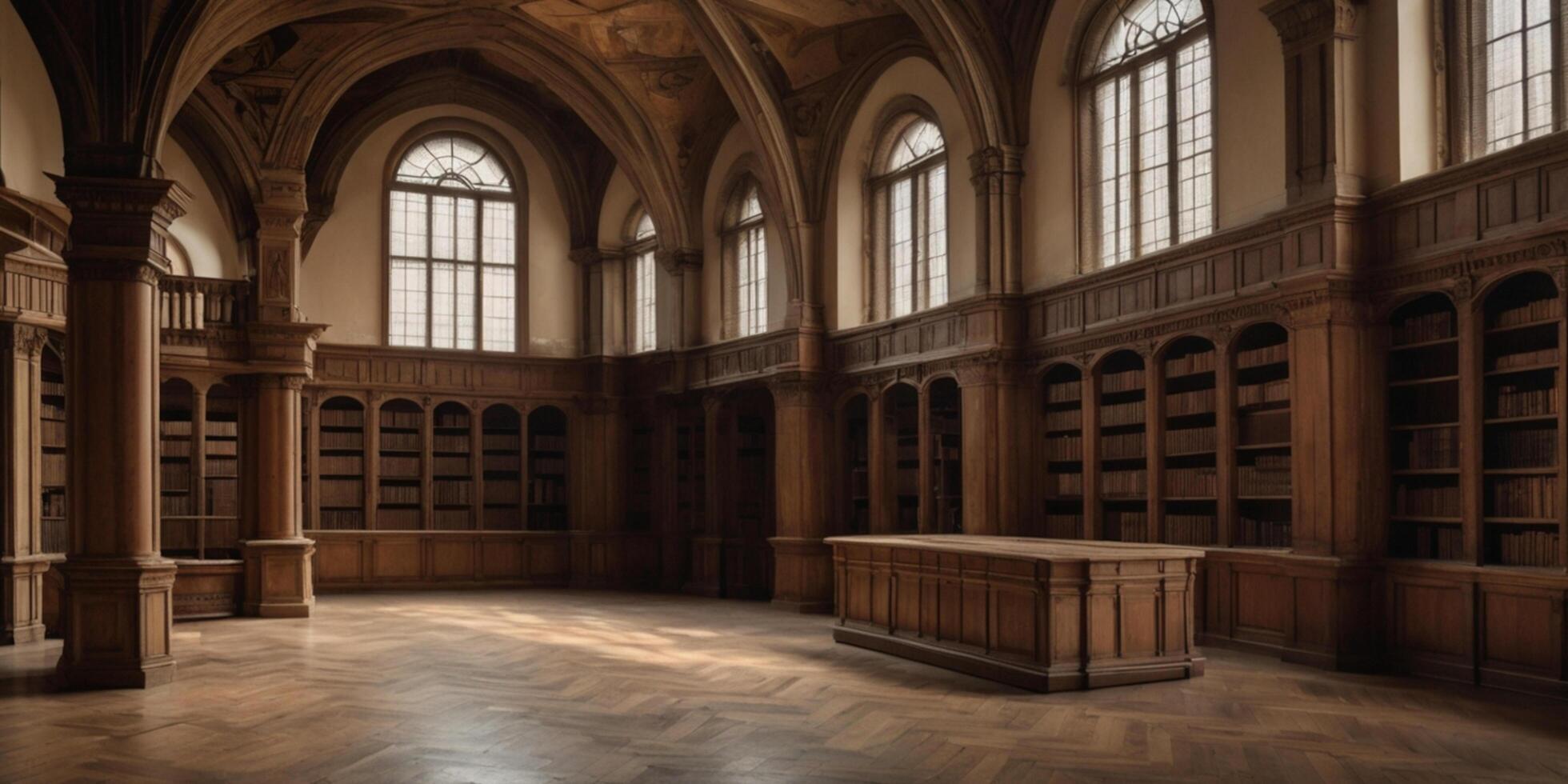 Ancient Classic Library Interior with Arched Windows and Tall Wooden Bookshelves photo