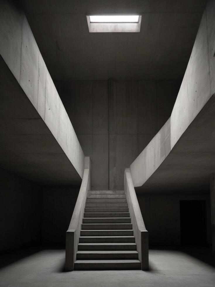 Brutalist Concrete Staircase Interior with Skylight in Minimal Empty Architecture Design photo