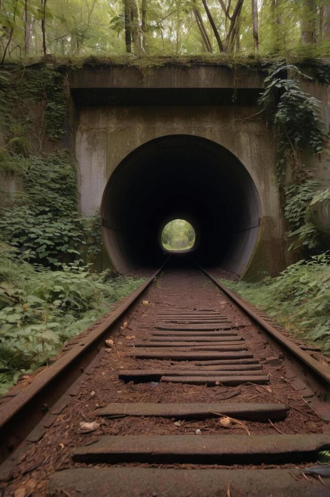 Abandoned Railway Tunnel with Overgrown Tracks Leading to Light at the End photo