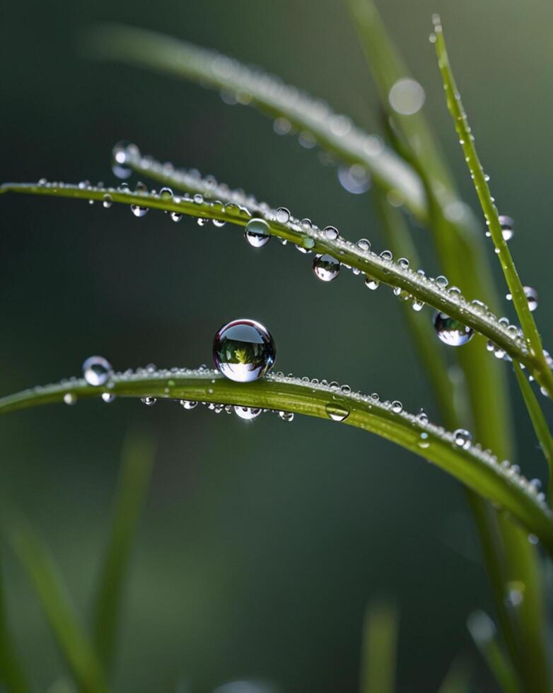 Dew Drops on Grass Blade Macro - Fresh Morning Nature Background with Bokeh photo