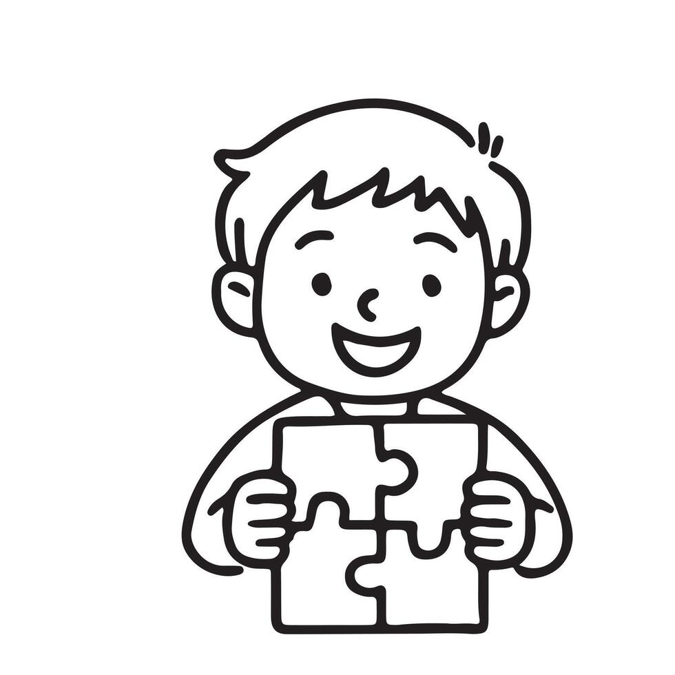A boy holding a puzzle piece in his hands vector
