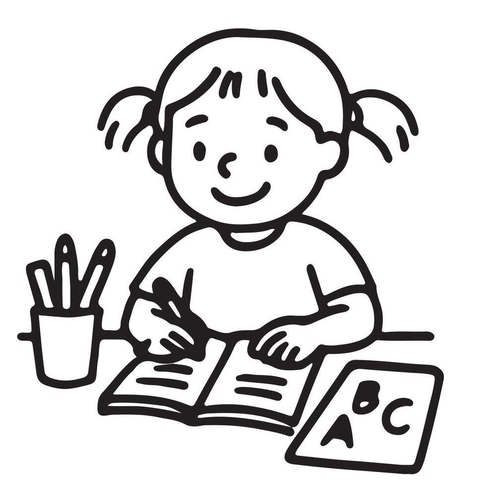 A girl is writing in a notebook and holding a pencil vector