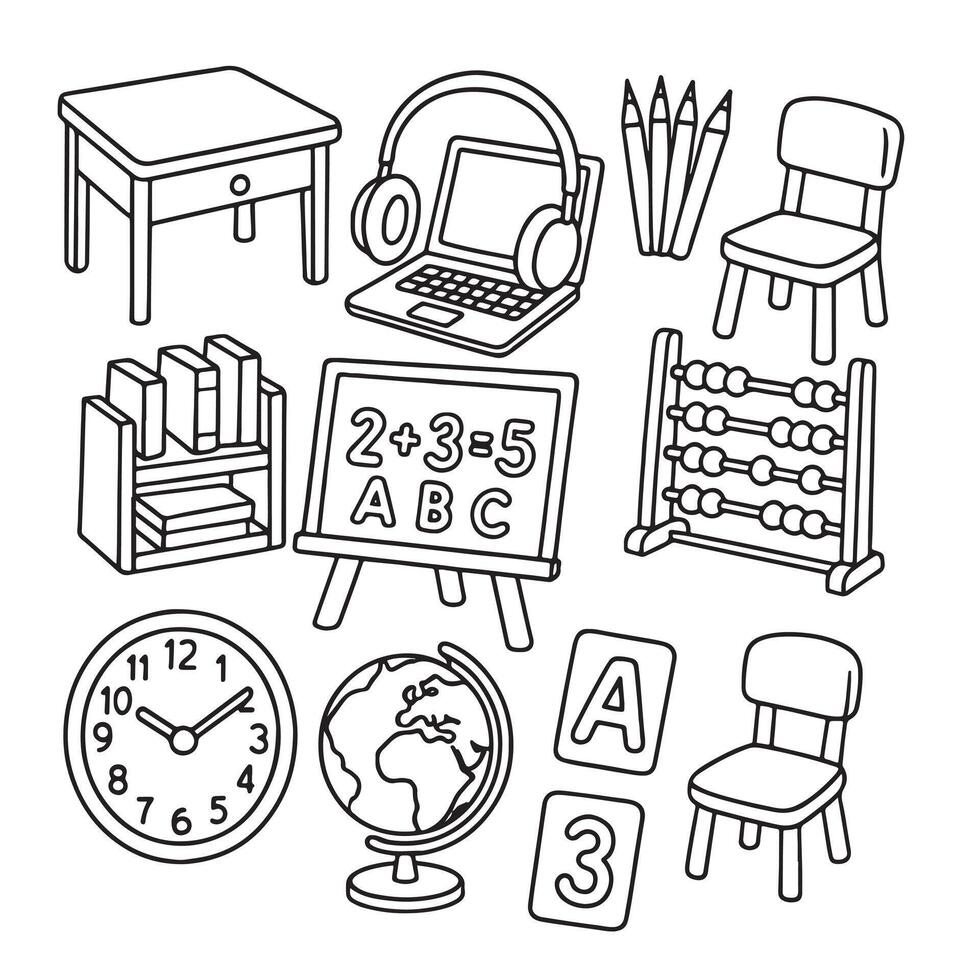 School Learning Tools Icons - Black and White Line Art vector