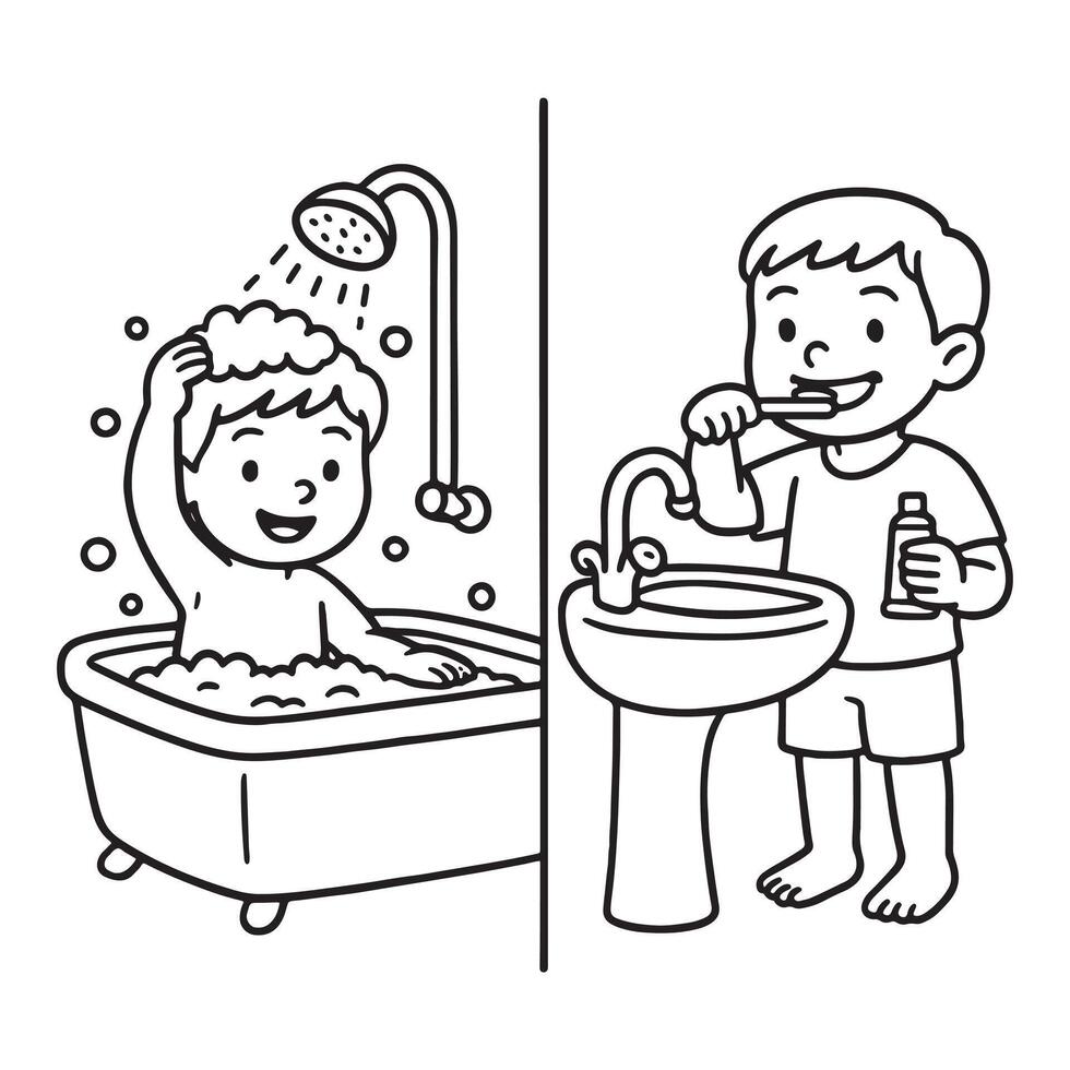 Cute Boy Daily Hygiene Routine - Black and White Line Art for Kids Education vector