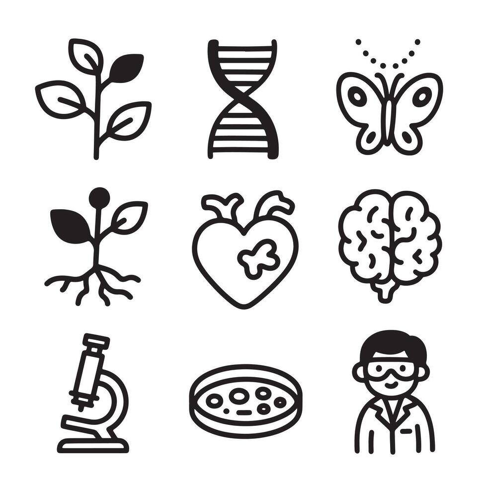 Science and Biology Icons Set - Cute Black and White Line Art Style vector