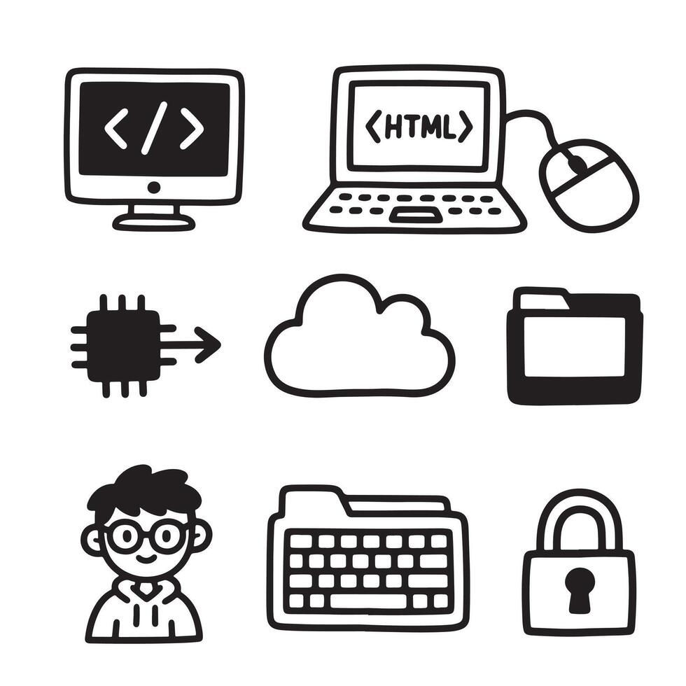 Coding Cyber security Doodle - Tech Illustration vector