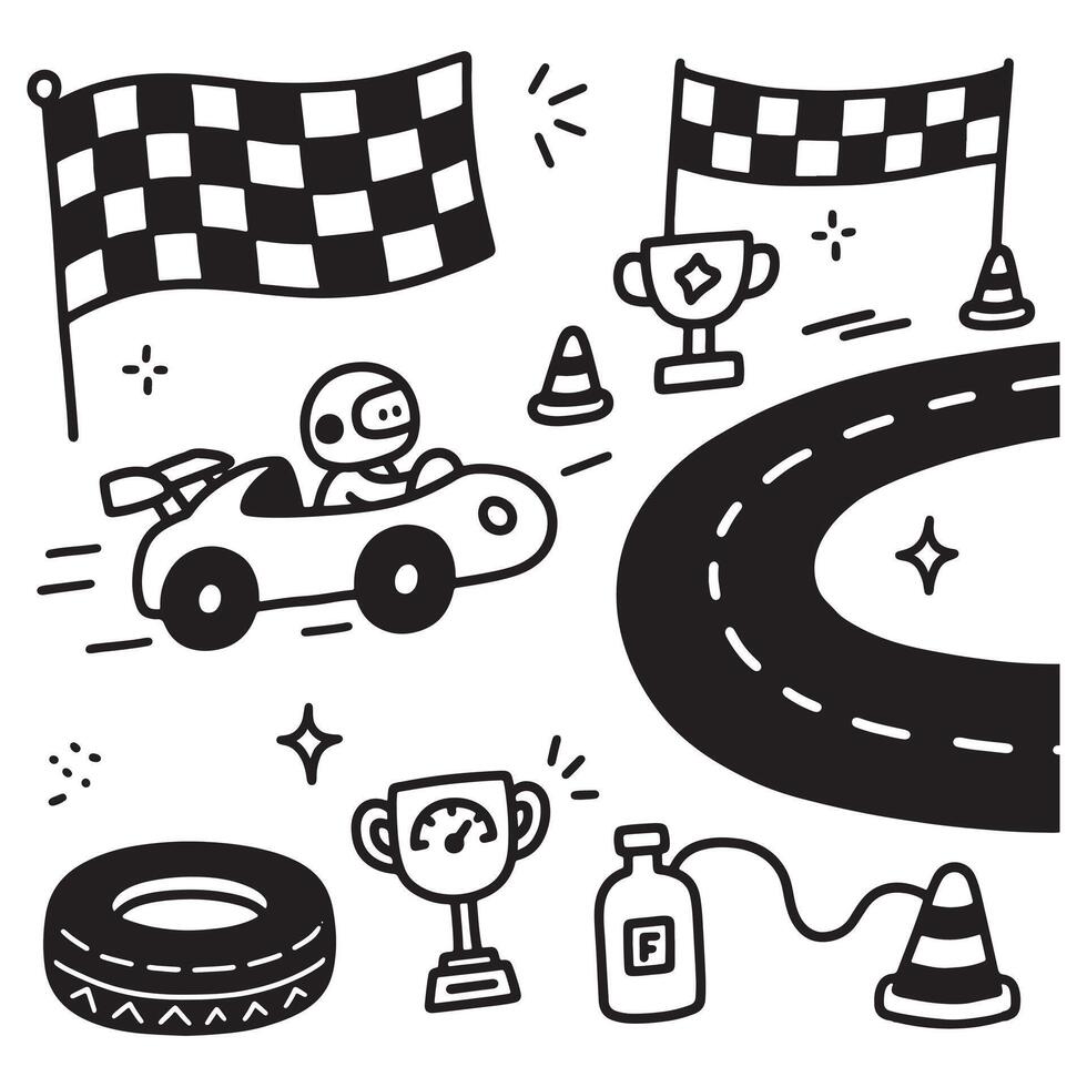 Racing Car Icon Set in Hand Drawn Style vector
