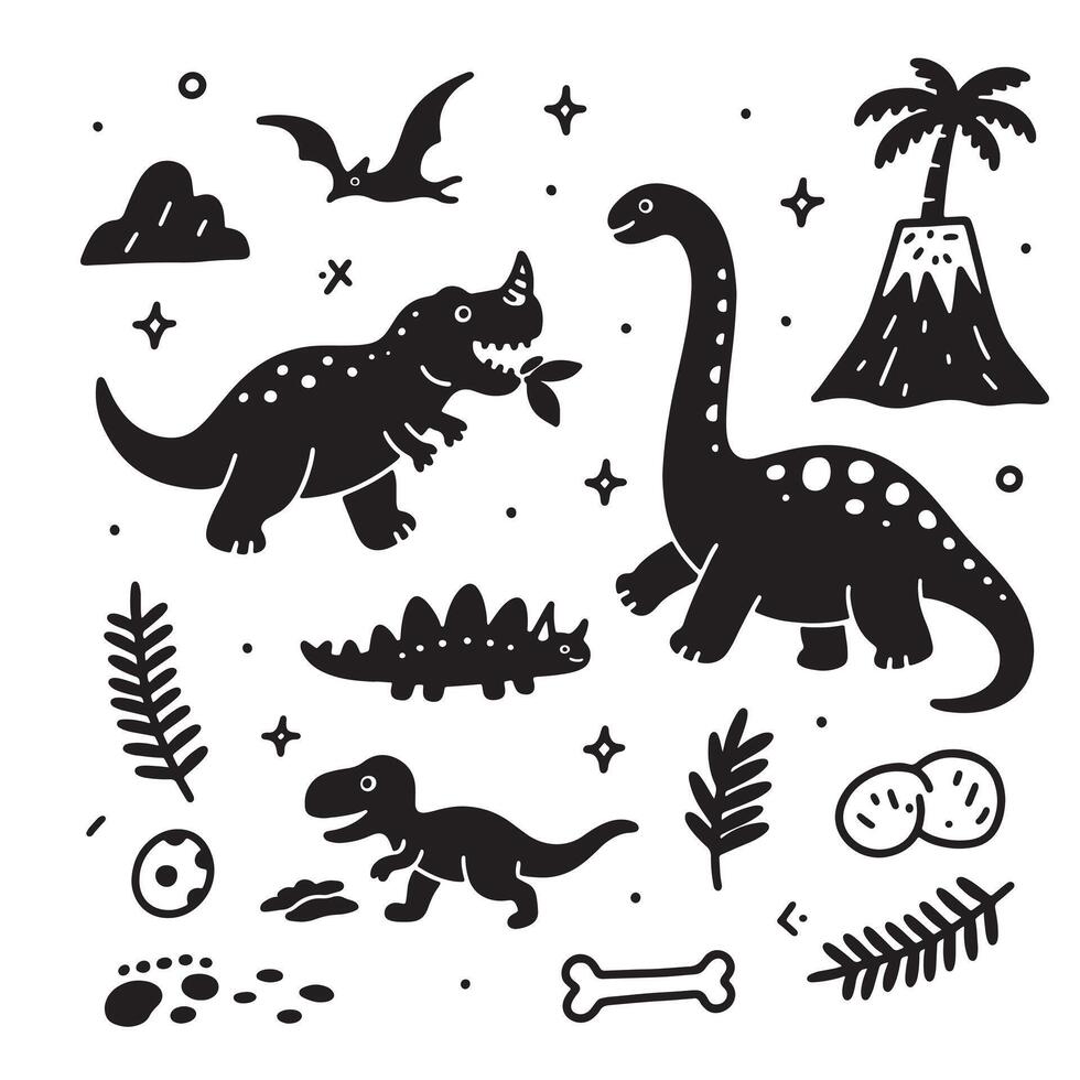 Dinosaur Silhouette Set with Volcano clasik vector