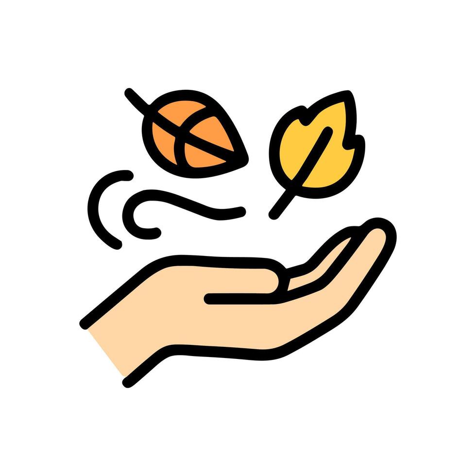 Autumn leaves float into awaiting palm. Icon symbol illustration vector