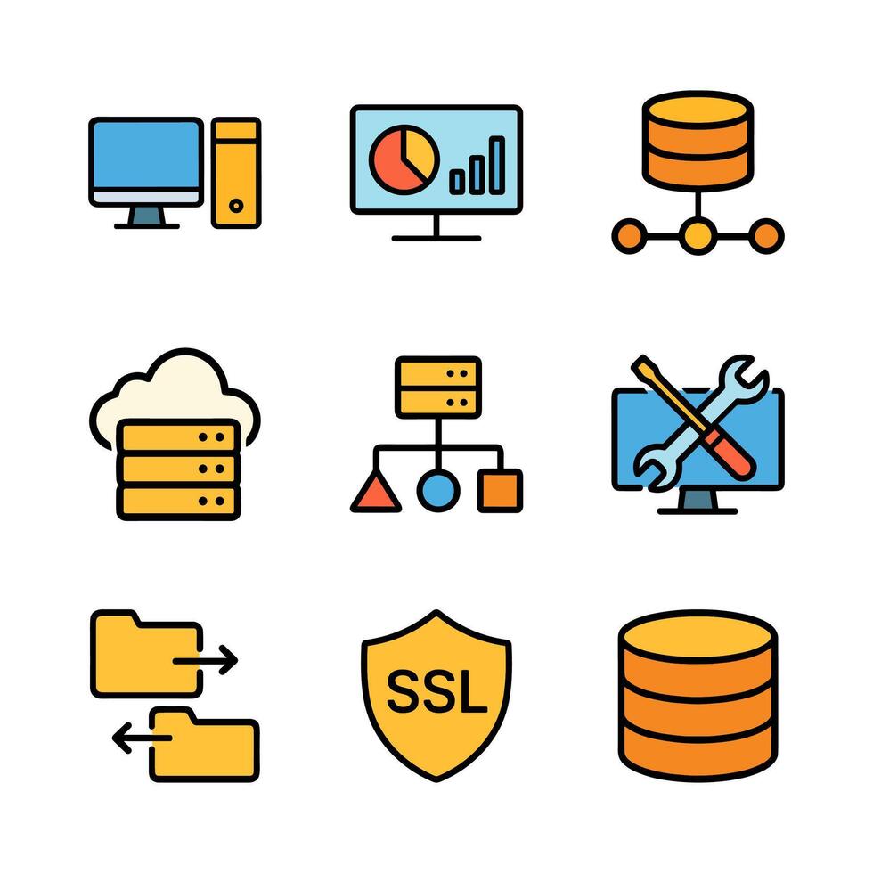 Tech service icons represent digital networks. Icon Symbol Illustration vector