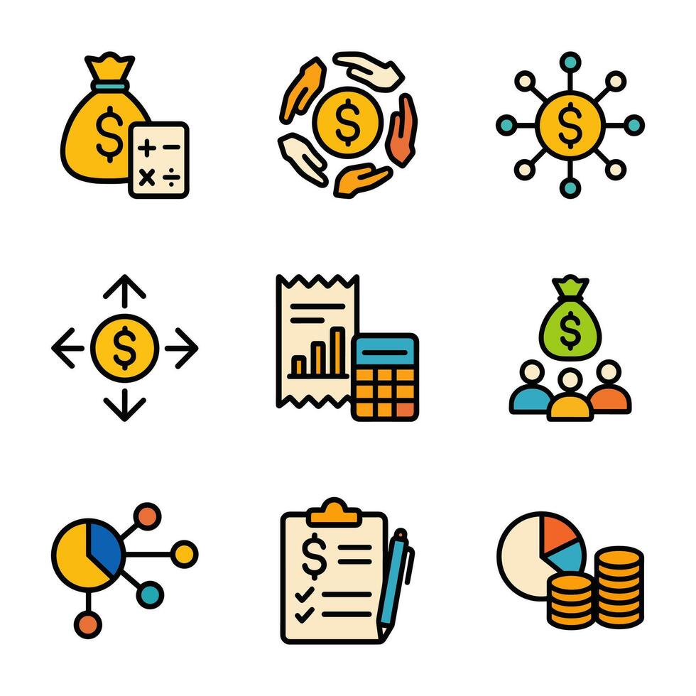 Financial icons symbolize budgeting and analysis. Icon symbol illustration vector