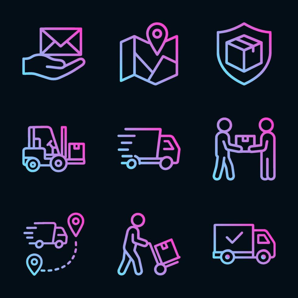 Vibrant delivery icons against dark background. Icon symbol illustration vector