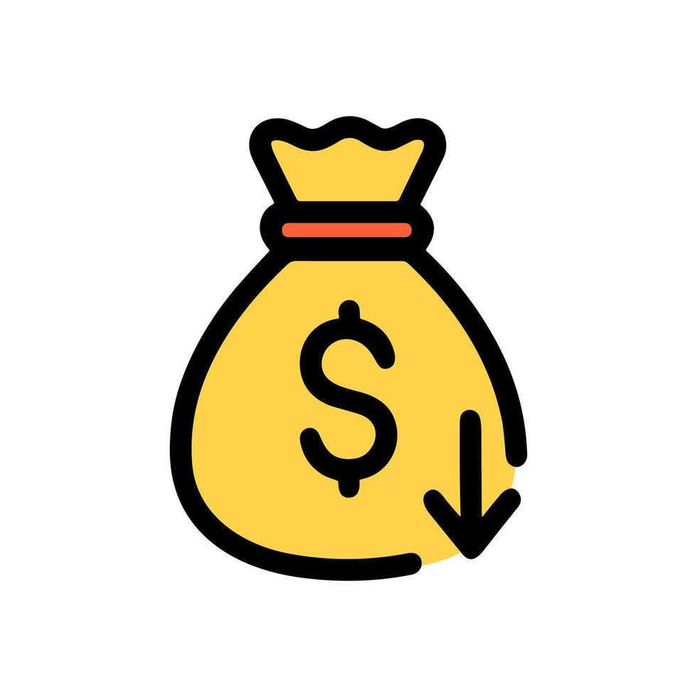 Money bag with arrow pointing downward. Icon symbol illustration vector