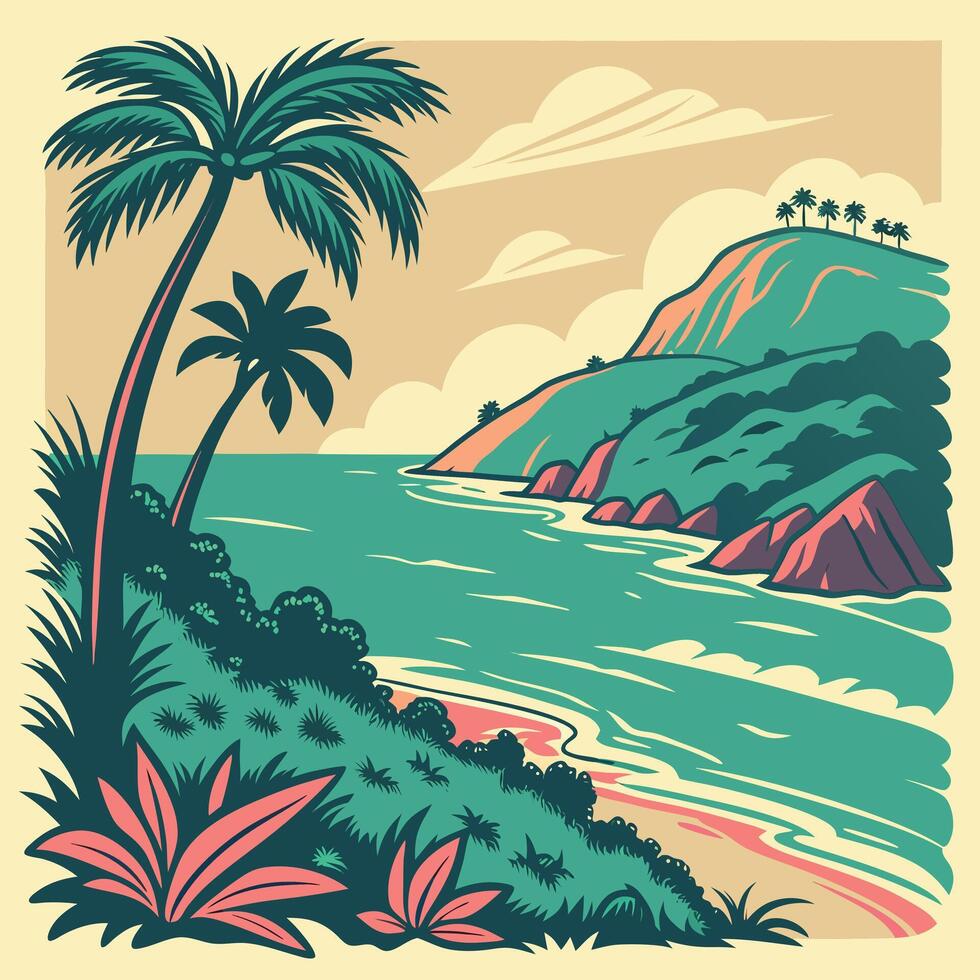 Tropical beach illustration depicting a scenic coastline with palm trees ocean and colorful mountain view for vacation destinations vector