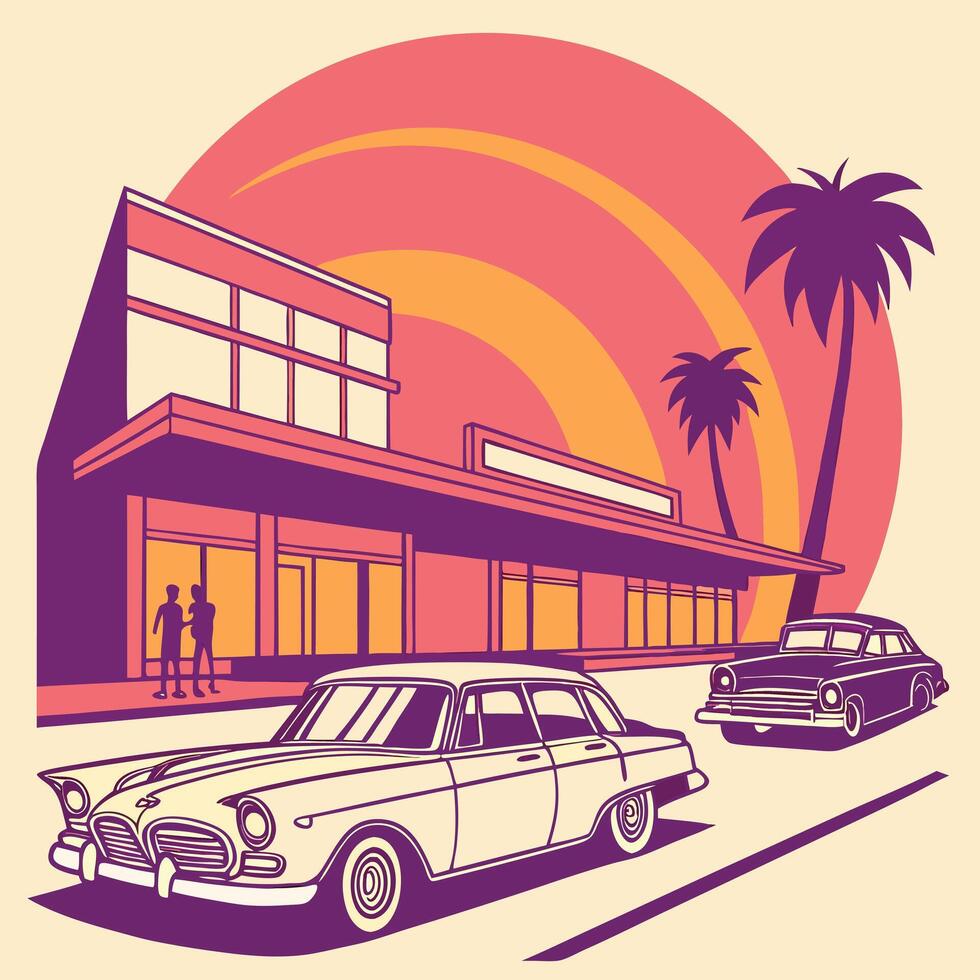 Retro illustration depicting a mid century modern building with classic cars and palm trees under a setting sun vector