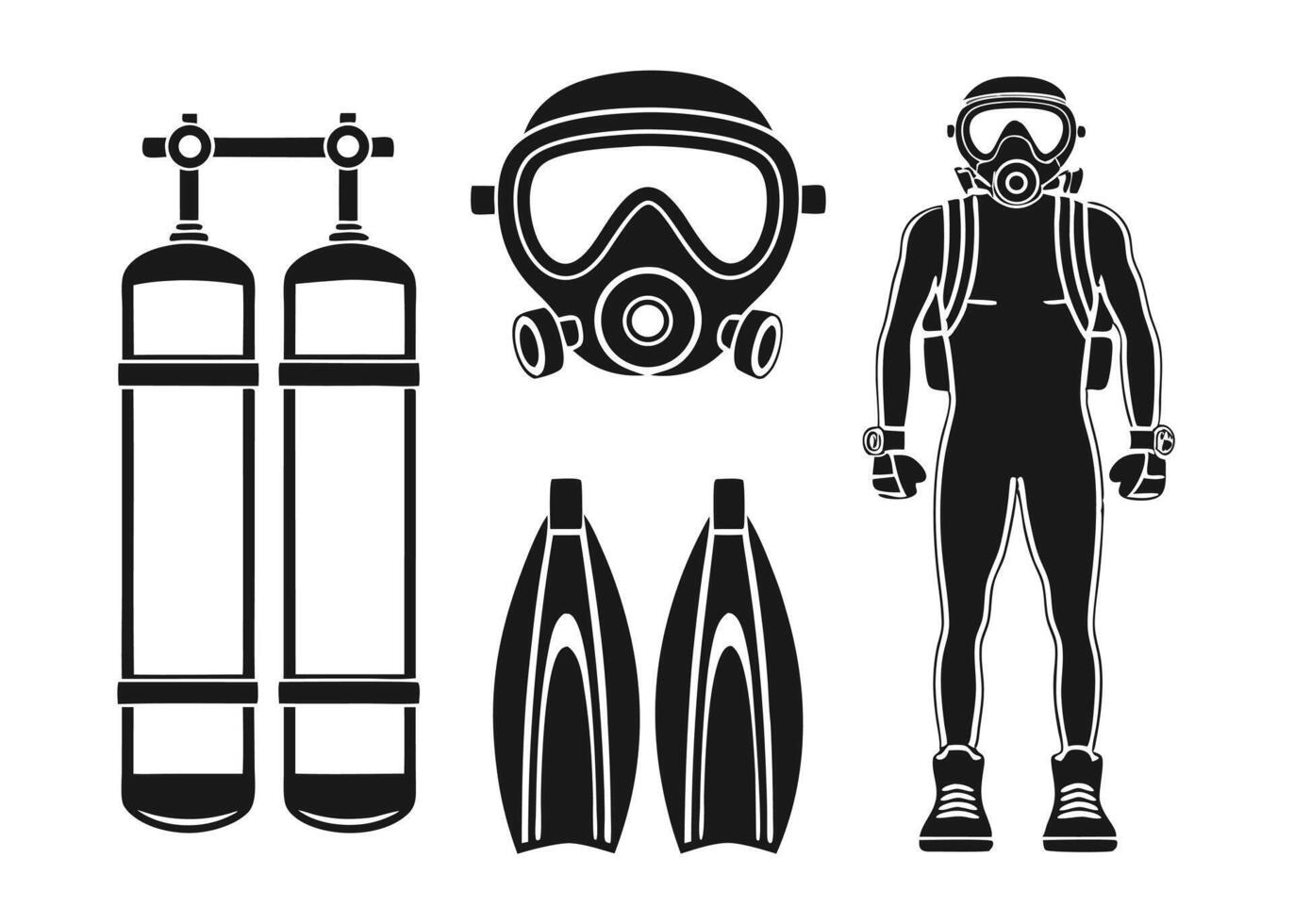 Black and white illustration of scuba diving equipment and a diver ready for underwater exploration vector