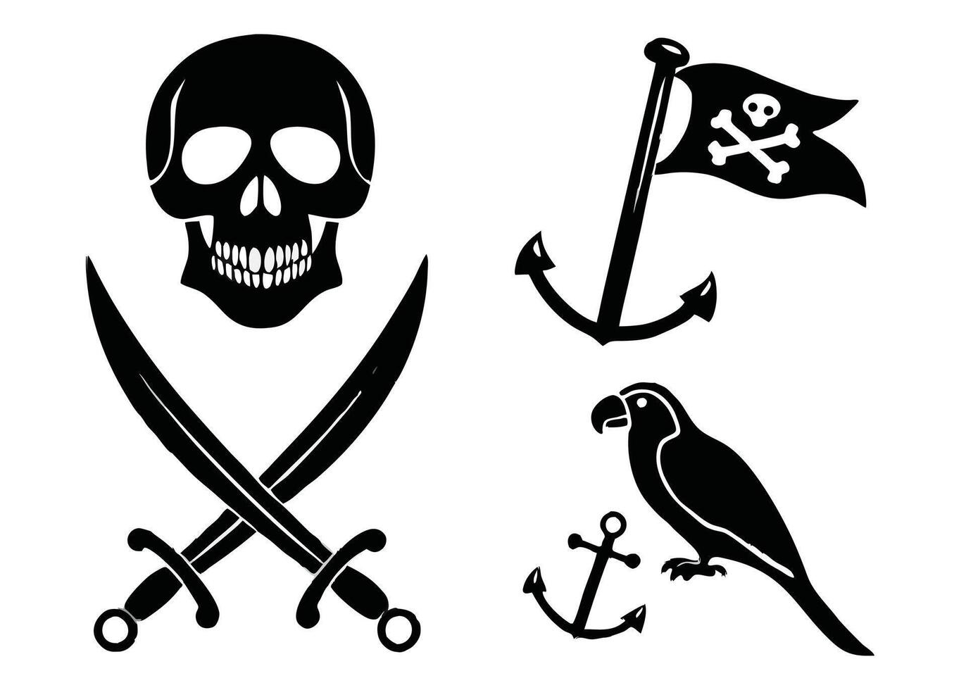 A collection of pirate themed illustrations featuring a skull and crossbones parrot and other nautical elements. vector