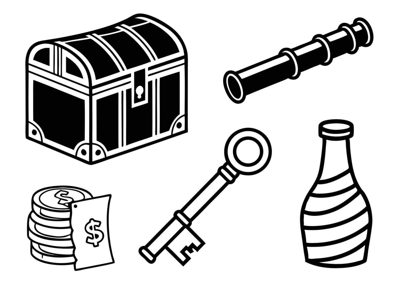 Black and white illustration of treasure chest telescope key coins and bottle elements vector