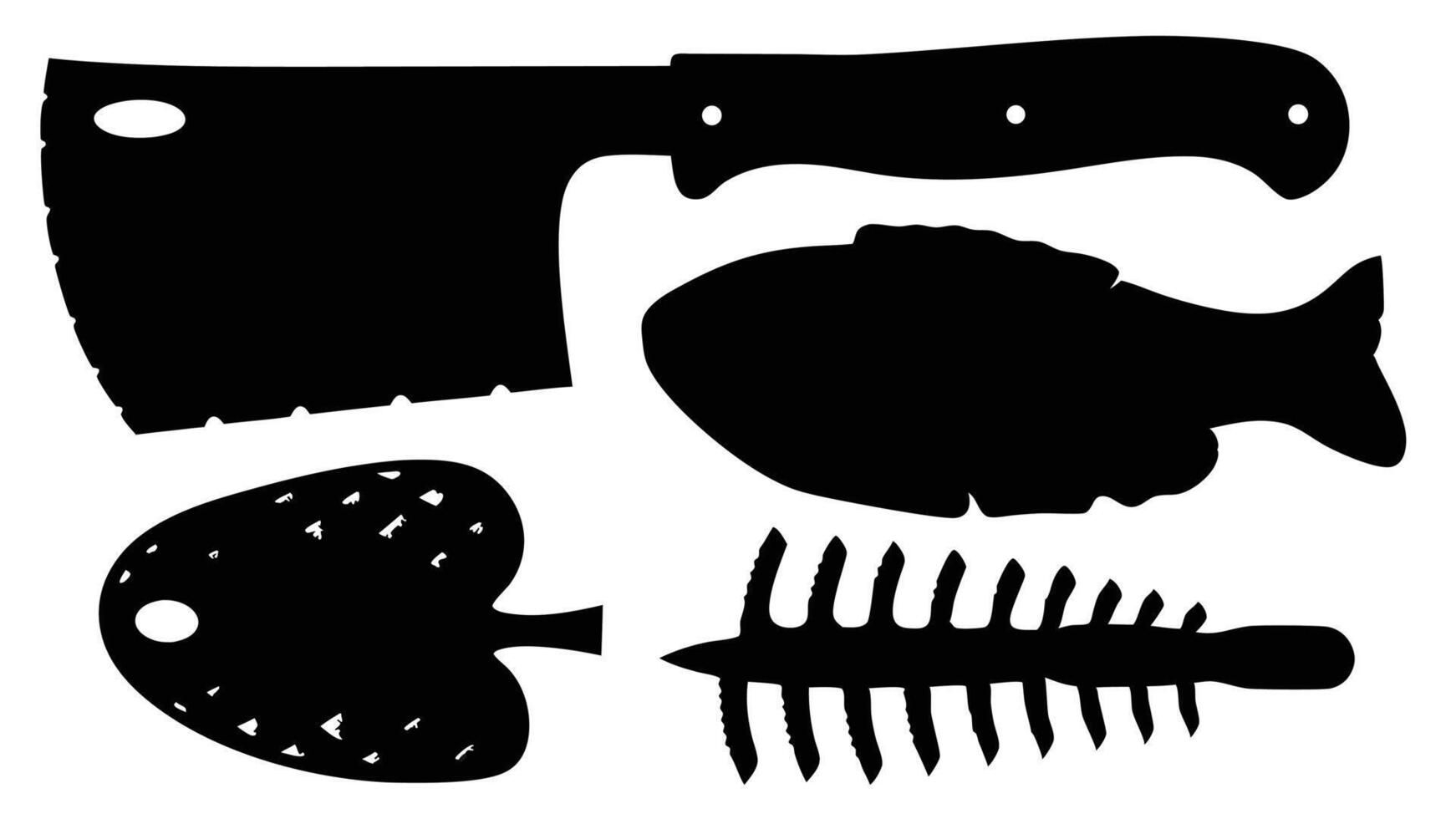 silhouette illustration of butchery elements including a butcher knife fish fillet and fish bone on white vector