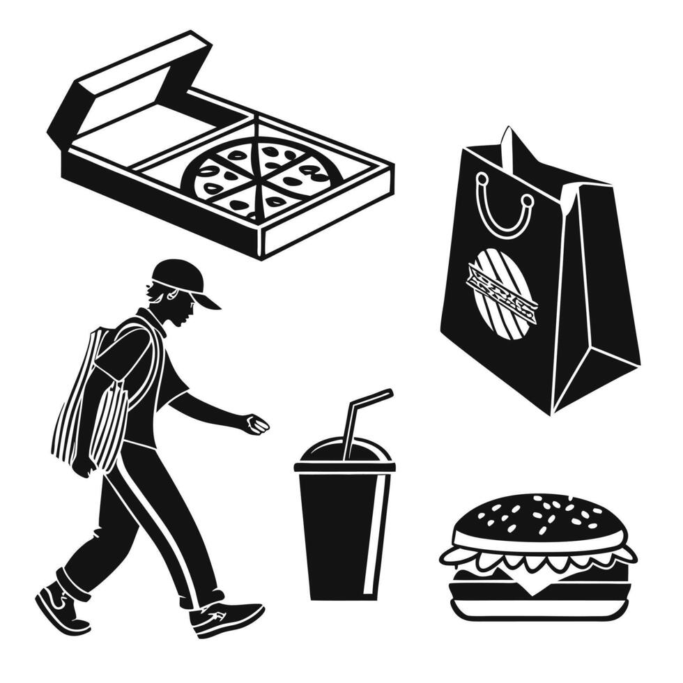 Fast food delivery illustration featuring pizza burger soft drink and delivery person black and white graphic design vector