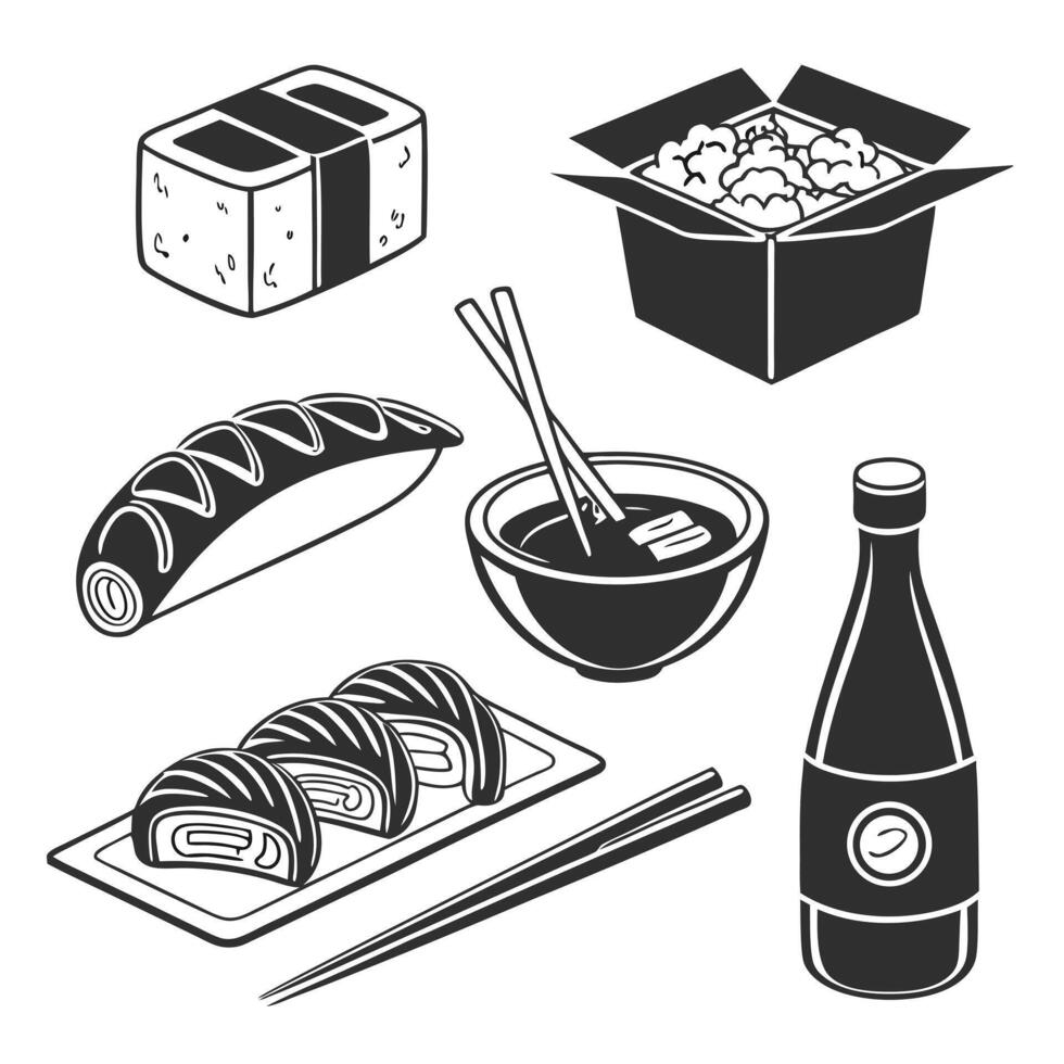 Delicious japanese cuisine black and white illustration featuring sushi noodles soup soy sauce and chopsticks vector