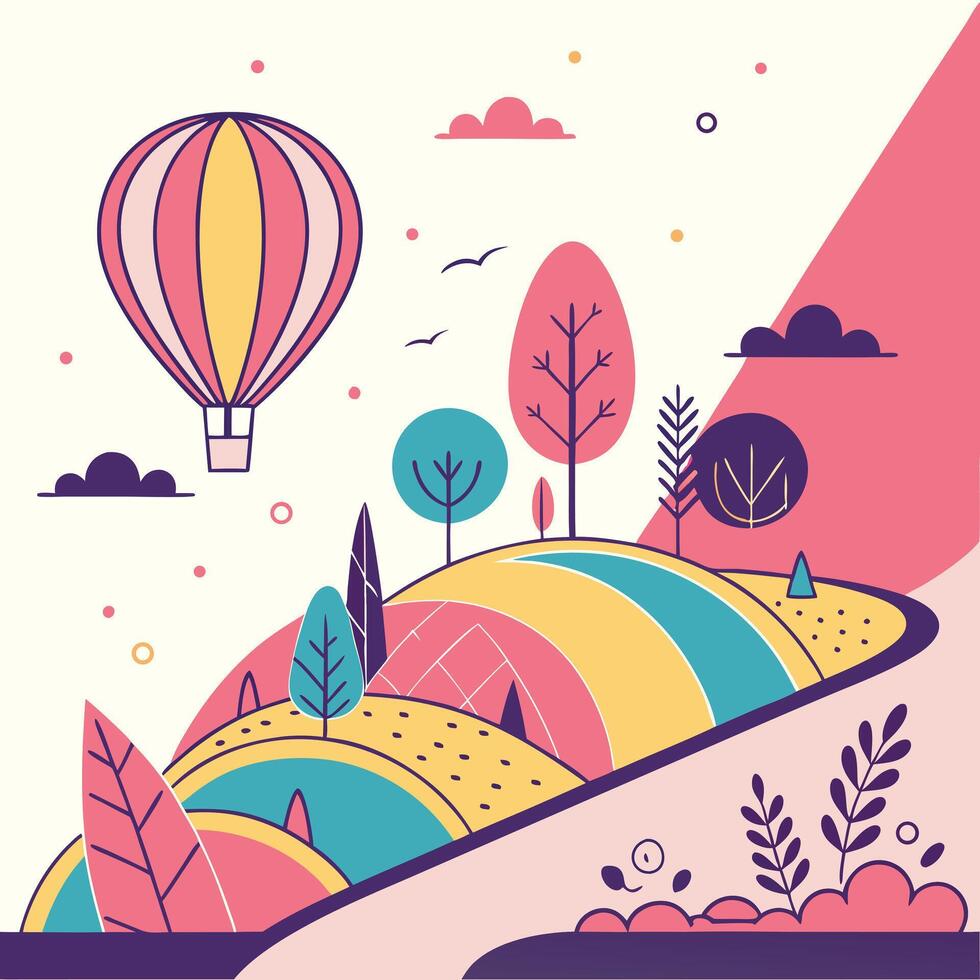 Colorful minimalist illustration of a hot air balloon soaring above rolling hills with trees and decorative elements in a vibrant landscape. vector