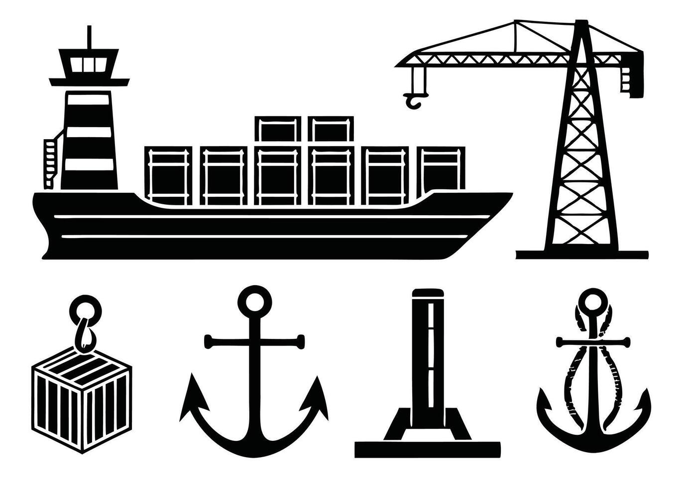 Black and white illustration of shipping logistics including ship crane anchors and other relevant objects vector