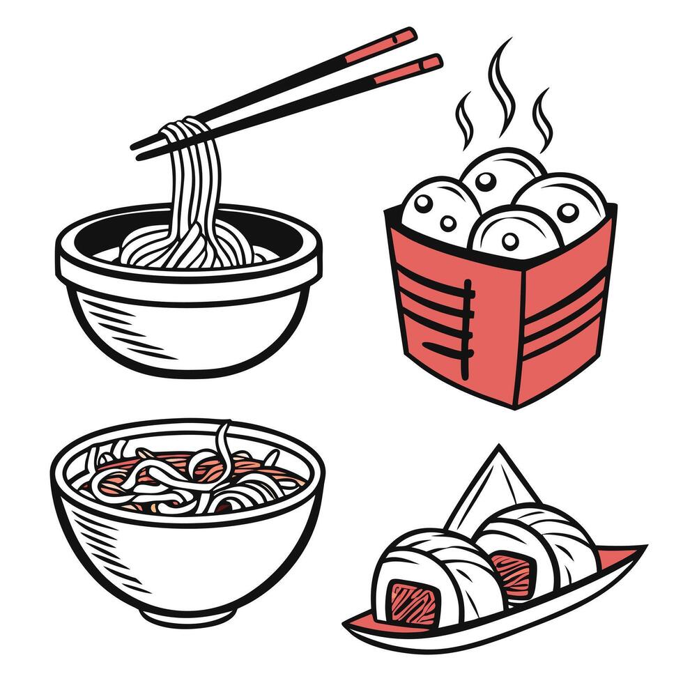 illustration featuring a selection of japanese food items including noodles sushi and dumplings depicted in a vibrant style vector