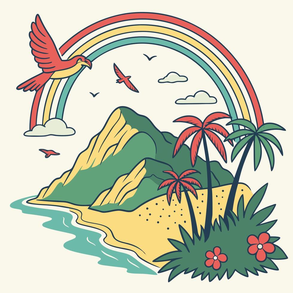 Retro illustration of a tropical paradise with a rainbow palm trees and birds flying over a serene landscape vector
