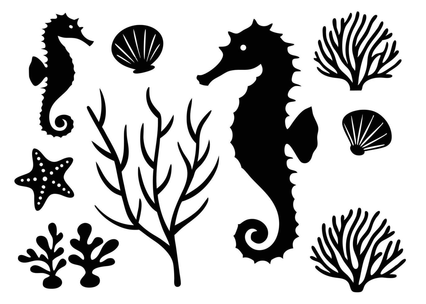 Black and white marine life silhouettes including seahorses seaweed starfish and shells vector