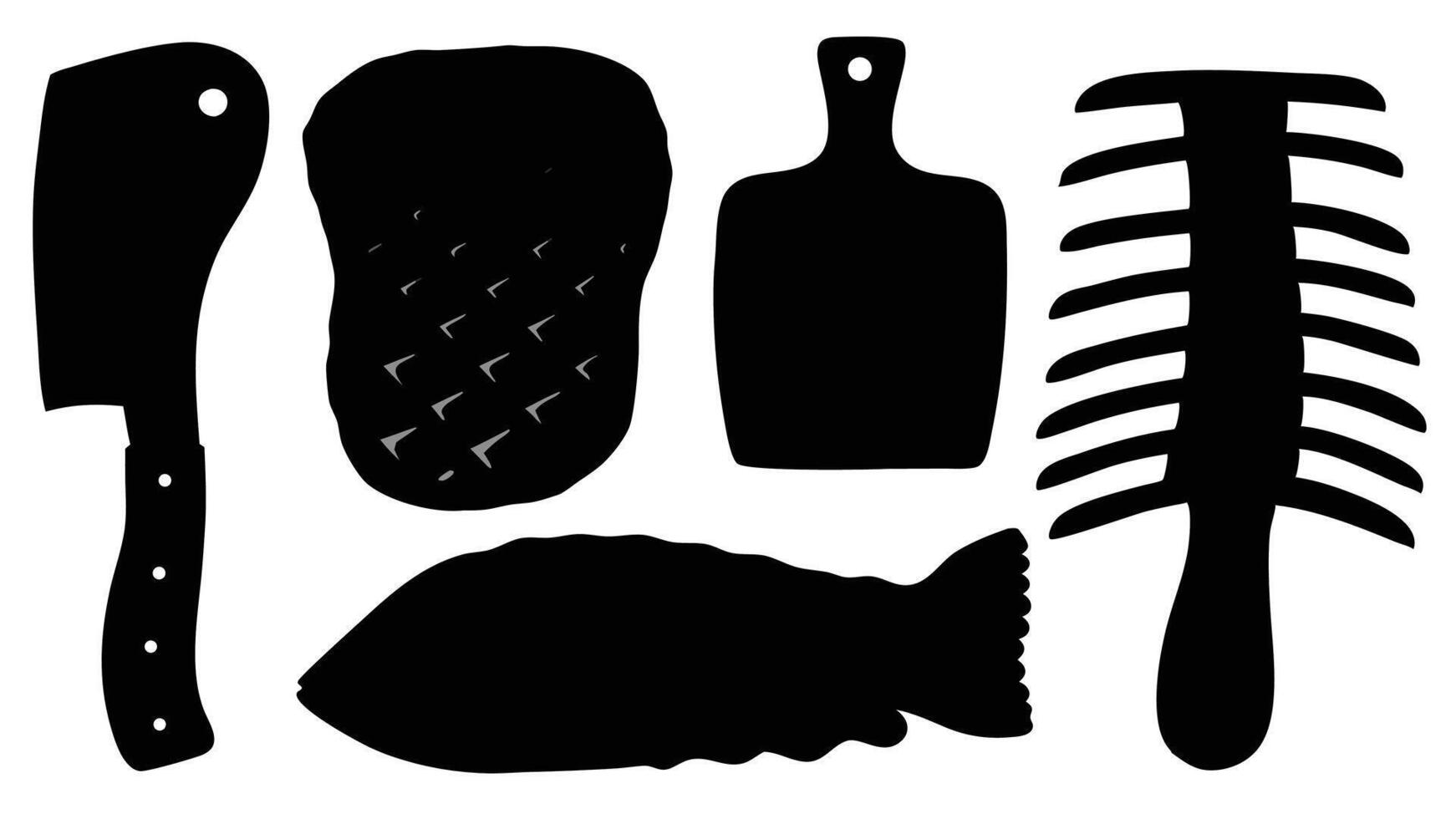 Simple black outline illustrations of various kitchen tools and food items for culinary or food preparation concepts vector