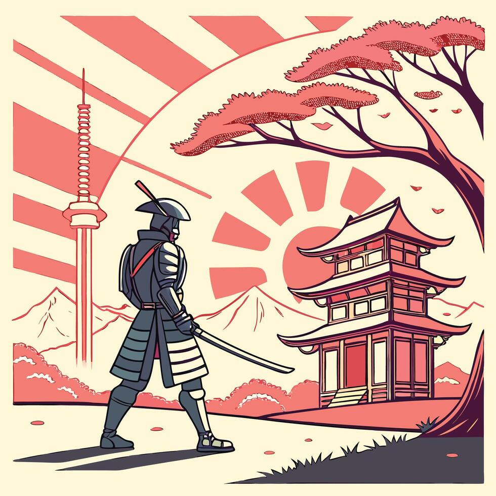 Stylized illustration of a samurai warrior walking towards a japanese temple with rising sun in the background vector