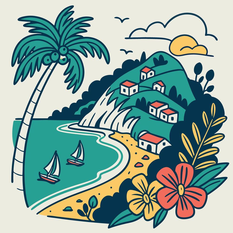 Scenic hand-drawn illustration of a tropical coastline featuring a beach sailboat homes palm tree and blooming flowers. vector