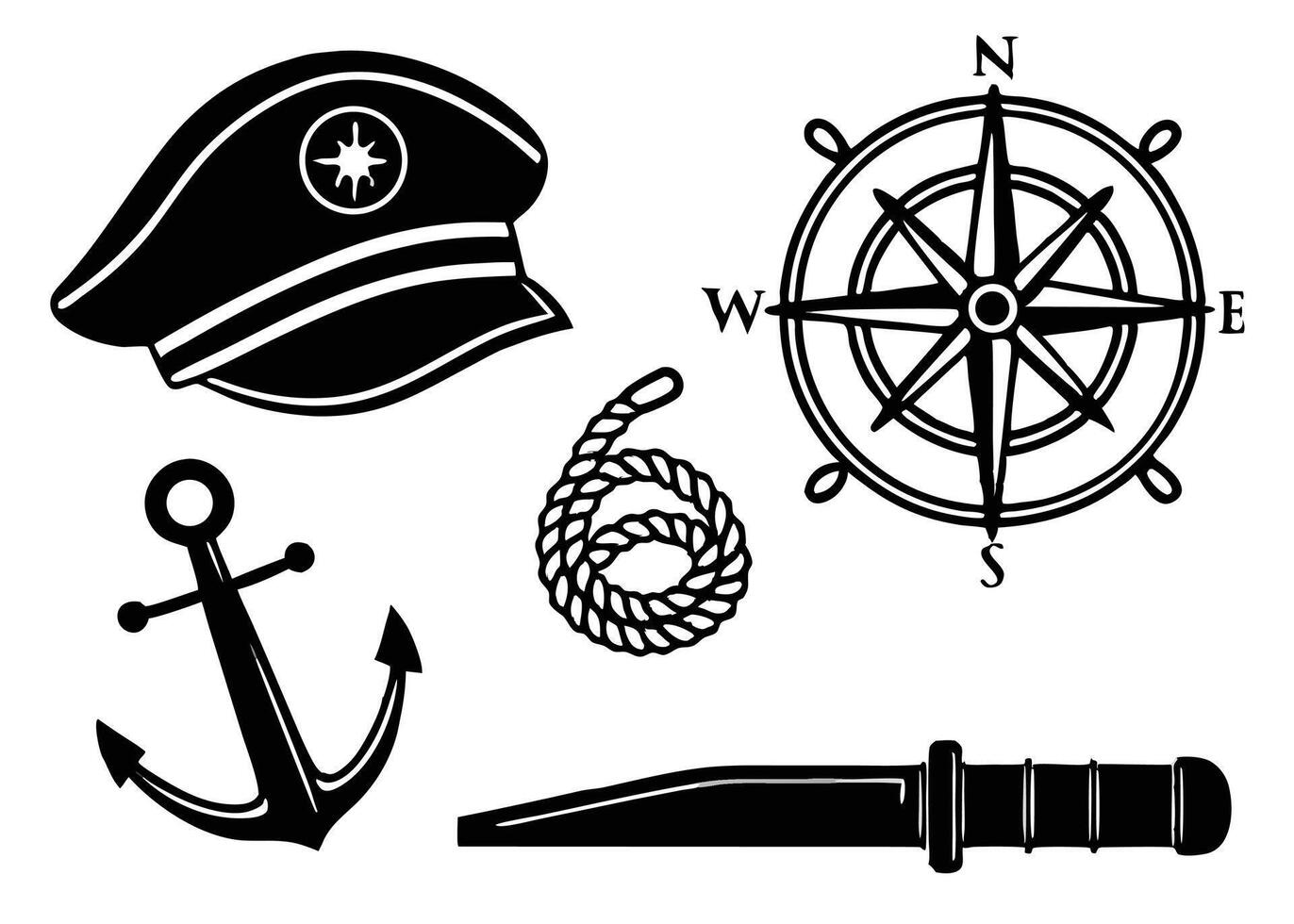 Black and white nautical themed illustration featuring compass rose anchor rope and sailor cap vector