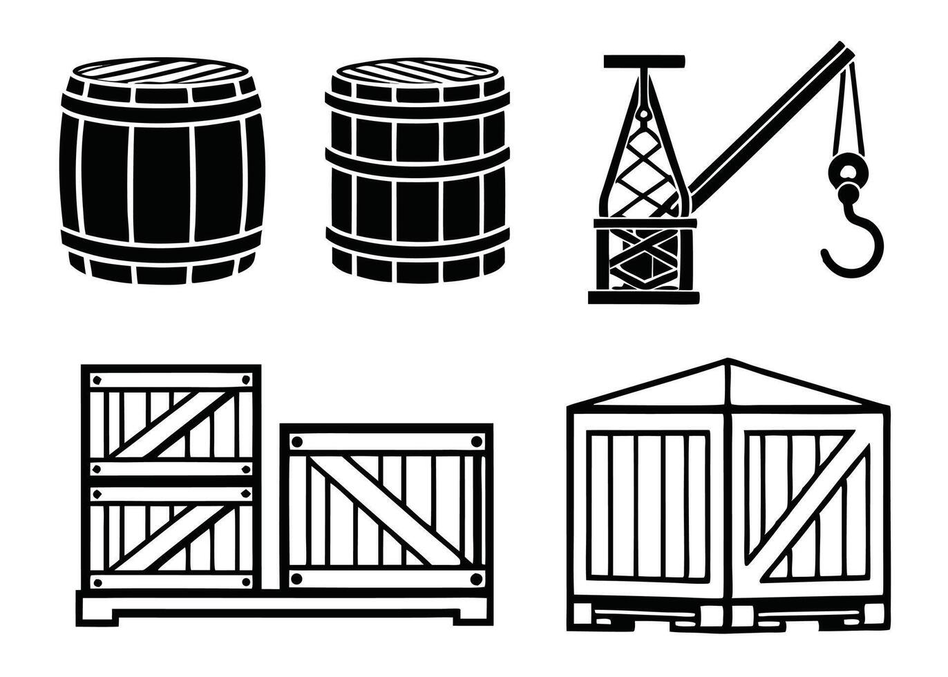 Black and white illustrations of barrels crane and wooden crates for shipping and logistics vector