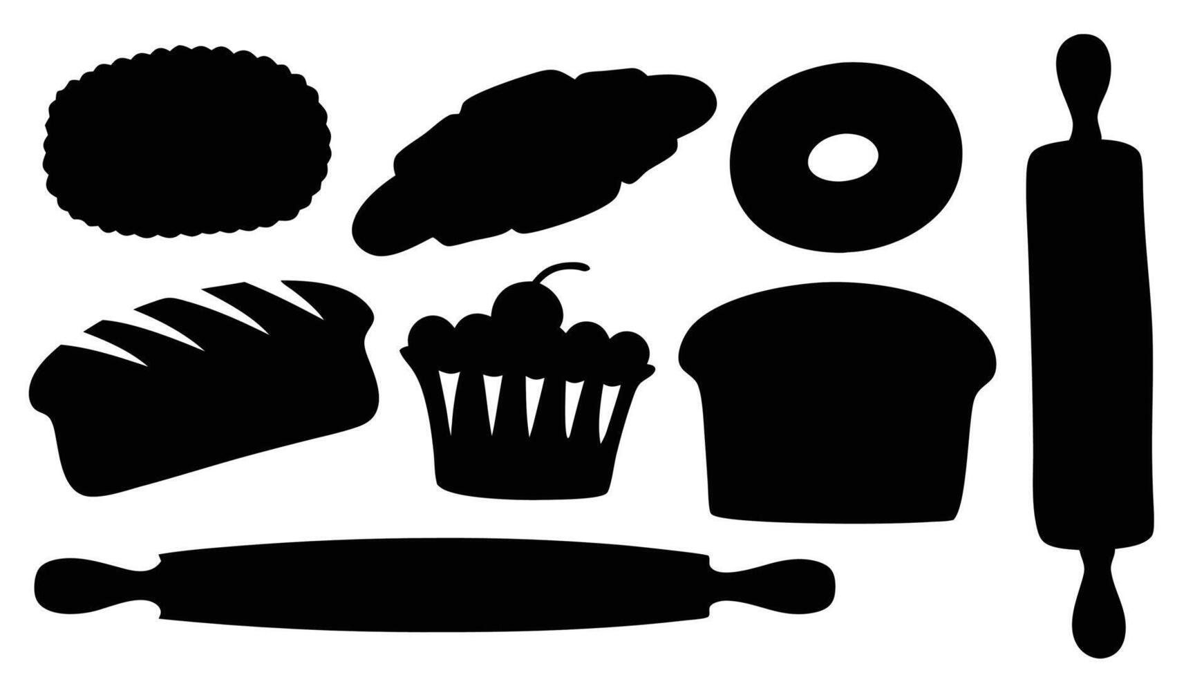 Black and white illustrated silhouettes of various baked goods and kitchen utensils perfect for design elements. vector