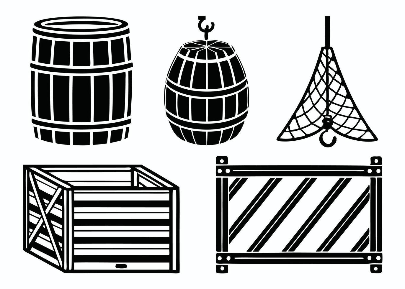 Black and white illustrations of various storage containers including barrels and shipping crate graphic vector